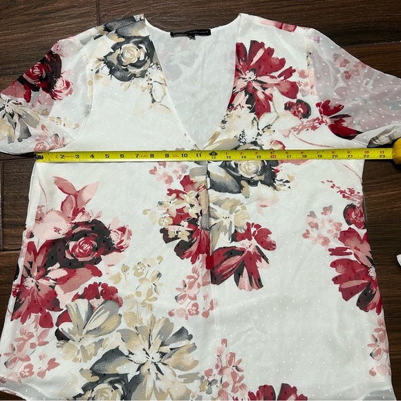 WHBM 14 Peasant Blouse V Neck Floral Long Sleeve White Black Red Tan - Picture 4 of 11